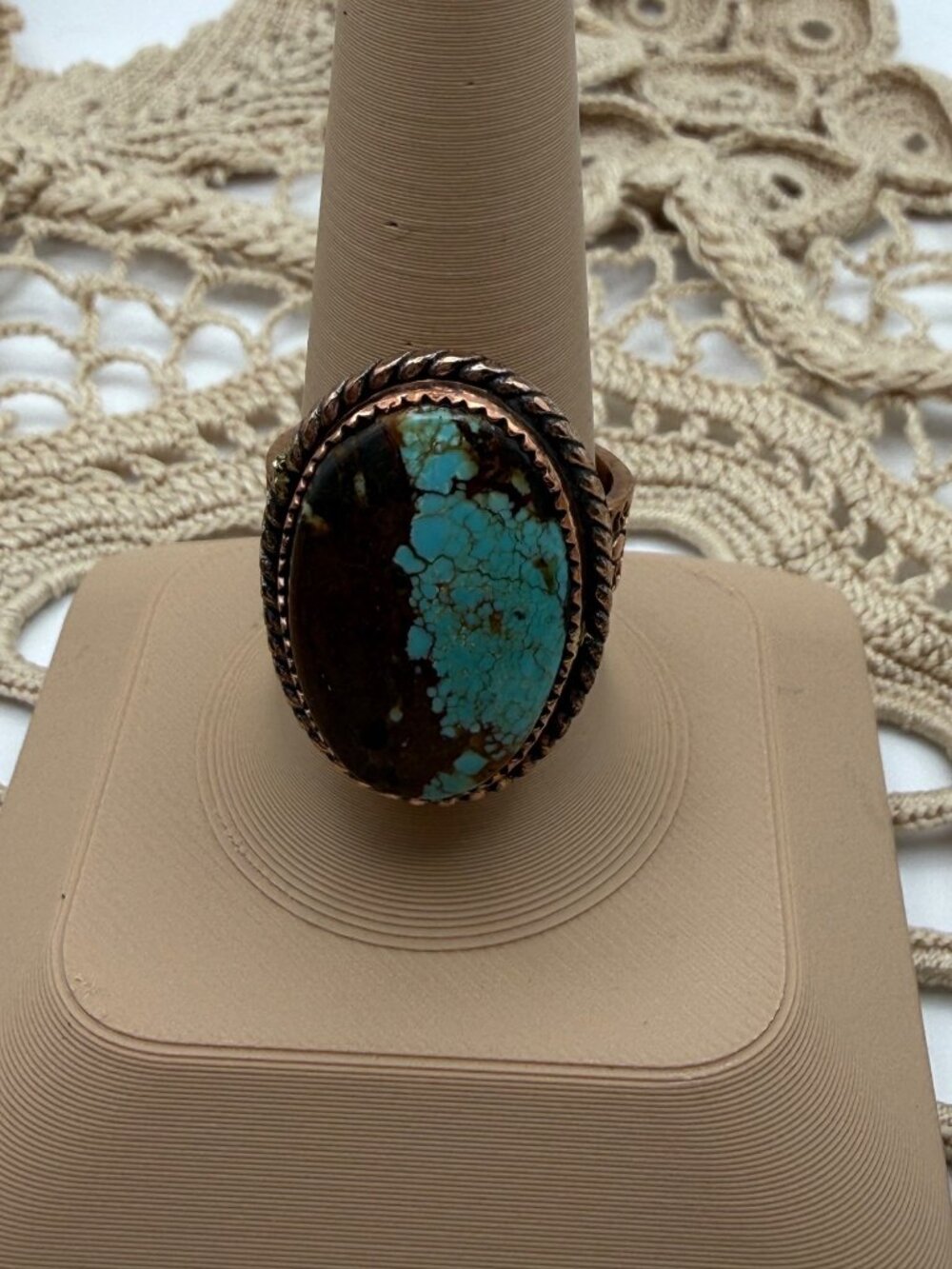 Artisan crafted Number 8 Turquoise & Copper Statement Ring Adj ornate band Boho